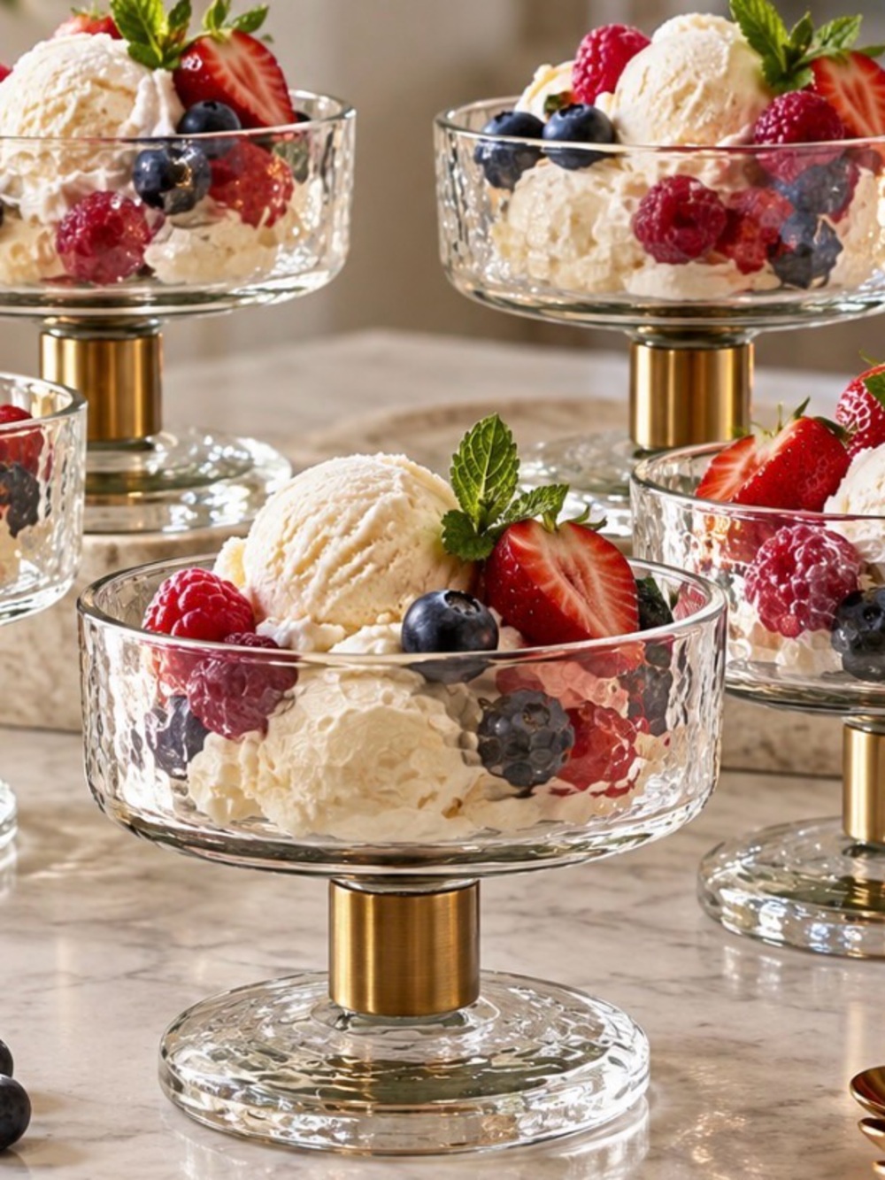 Set of 5 Hammered Glass Pedestal Bowls Brass